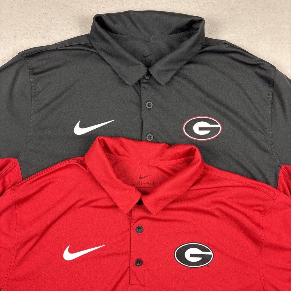 LOT OF 2: GEORGIA BULLDOGS Performance Polo Shirt Large Red/Gray Stretch Dri-FIT